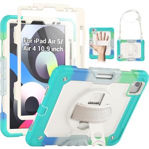 SEYMAC Case for iPad Air 5th/ 4th Generation 10.9", Full-Body Shockproof Protective Case with Screen Protector, Rotating Stand/Handle/Shoulder Strap/Pencil Holder for iPad Air 5/ Air 4, Colorful/Blue