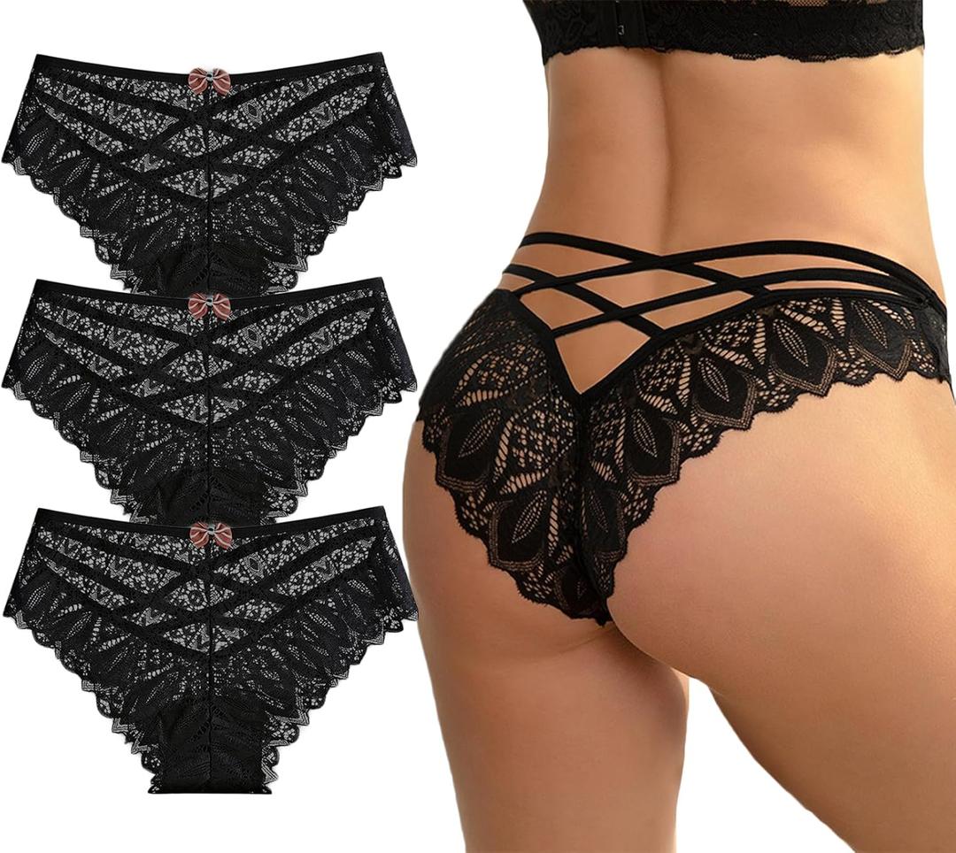 AUTUCAU Sexy Cheeky Underwear for Women Lace Floral Bikini Criss Cross Seamless Panties Ladies Cute Hipster Briefs 3-Pack, XL
