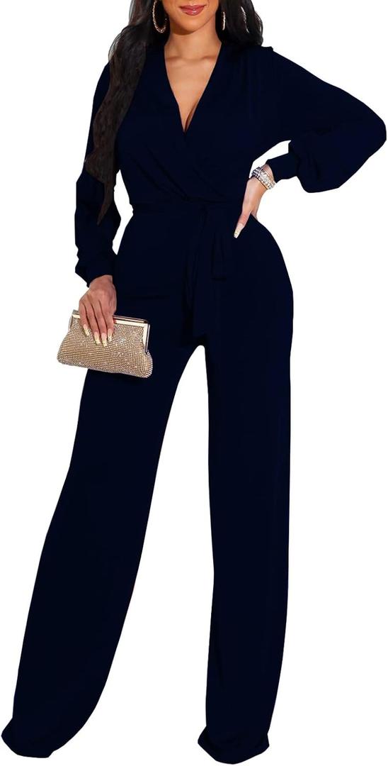 shengfan Formal Jumpsuits for Women Dressy Evening Sexy Deep V Neck Plus Size Long Wide Leg Pants Rompers Clubwear (XX-Large, 049navy Blue)