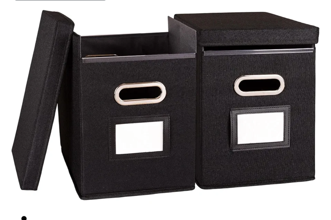 2 Pack Hanging File Folders Organizer with Lid, Letter Size Fabric File Storage Box Collapsible, Portable Office Document Holder with Metal Handle, Smooth PVC Rails, Black