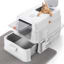FURTIME Stainless Steel Litter Box with Lid, XL Extra Large Cat Litter Box for Big Cats, Enclosed Drawer Metal Litter Boxs with High Sided, Include Scoop & Mat, Front & Top Entry, Odor Free, Non-Stick