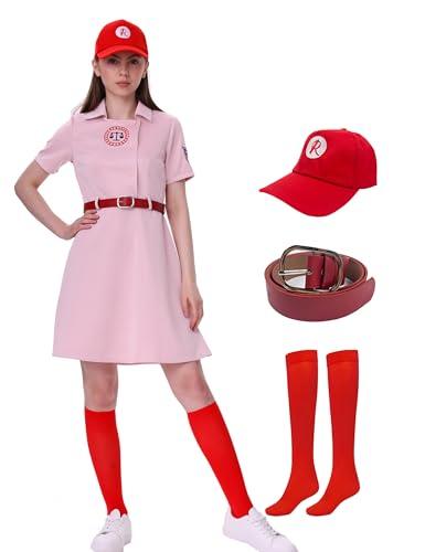 Rruonshully Women's Baseball League Costume Dottie Costume Pink Dress Halloween Cosplay Uniform Set Small