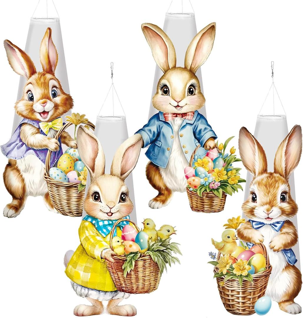 4 Pcs Easter Bunny Hanging Windsocks Outdoor Decorations Cute Rabbit Wind Socks Waterproof Wind Spinner for Easter Party Yard Garden Patio Lawn Outside Decor