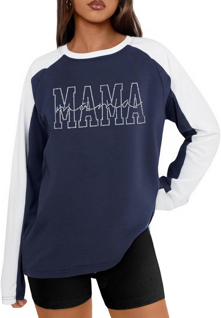 Long Sleeve Mama Shirts for Women Mama Letter Printed T Shirt Auntie Graphic Tees Funny Mom Pullover Top (Blue, M)