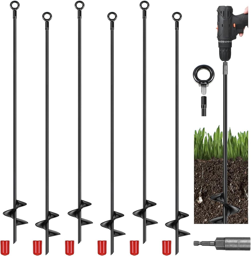 Yaocom 6 Pcs 40 Inch Extra Long Ground Anchor 4" Wide Helix 14 mm Rod Auger Earth Ground Anchor Metal Heavy Duty Anchors Hook Wind Stakes Eye Anchor for Guying Tents Fencing Canopies Bridge House