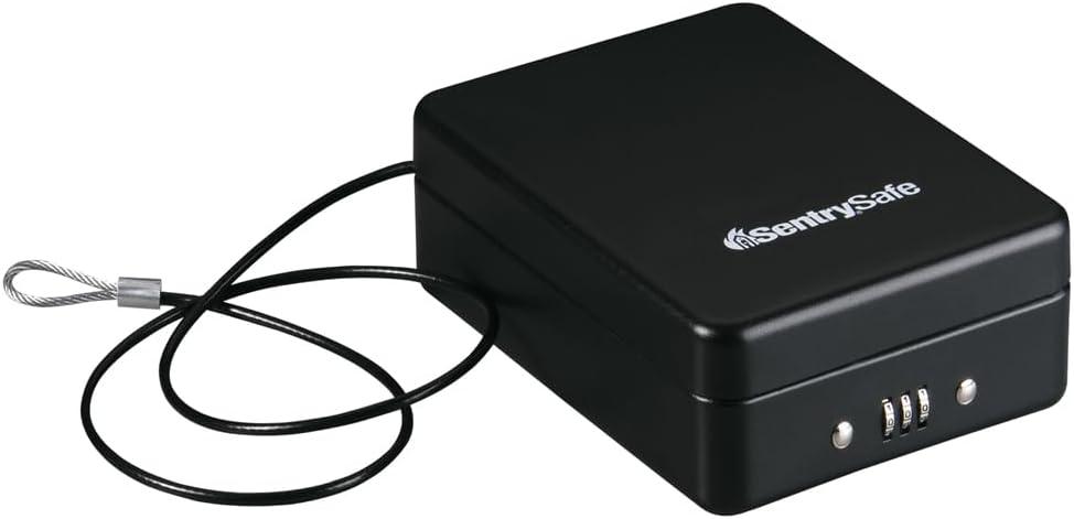 SentrySafe Small Safe, Black Lock Box with Combination Lock for Office or Dorm Secures Money, Passport, Jewelry, 0.05 Cubic Feet, Exterior: 2.6 in. H x 5.9 in. W x 8.0 in. D, P005C