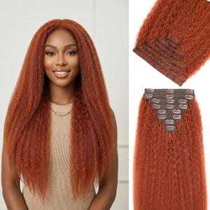 Kinky Straight Clip In Hair Extensions,24inch 200G 8pcs,100% Pure Protein Fiber Close to Human Hair,Ginger Red Full Head Double Weft Invisible Yaki Clip Ins for Women (#350,24inch)