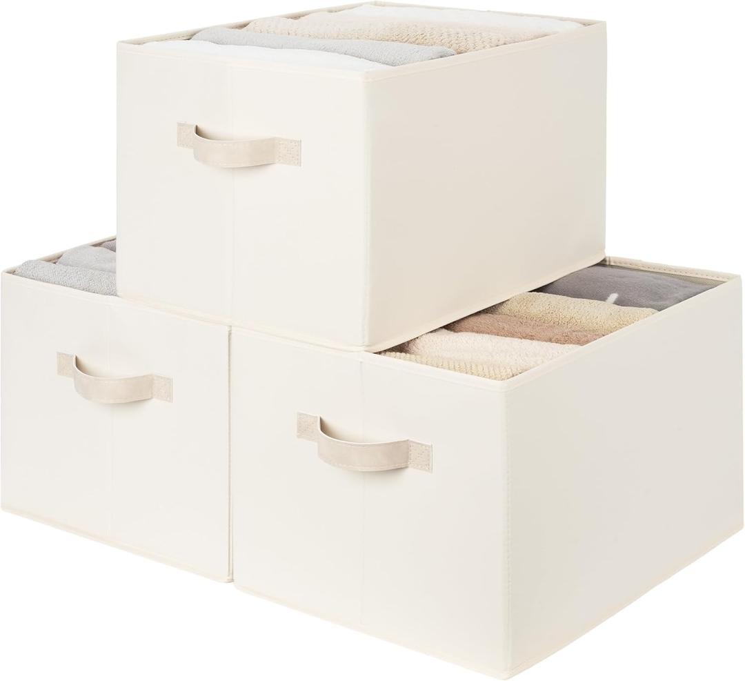StorageWorks Fabric Closet Organizers and Storage Bin, Foldable Shelf Baskets for Organization and Storage, Beige, 3-Pack, Extra Large