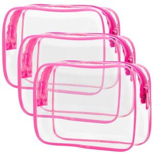 PACKISM TSA Approved Toiletry Bag 3 Medium - Quart Size Clear Makeup Bag for Carry On, Airport Security Compliant Clear Travel bag for Toiletries with Reinforced Seams, Bright Rose Red (Medium Set (Standard))
