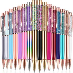 HESTYA 16 Pcs Glitter Pens Fancy Crystal Ballpoint Pens with Dynamic Liquid Sand & Refills Bling Metal Black Ink Flower Gift Pen for Office School Birthday Wedding(Liquid Style)