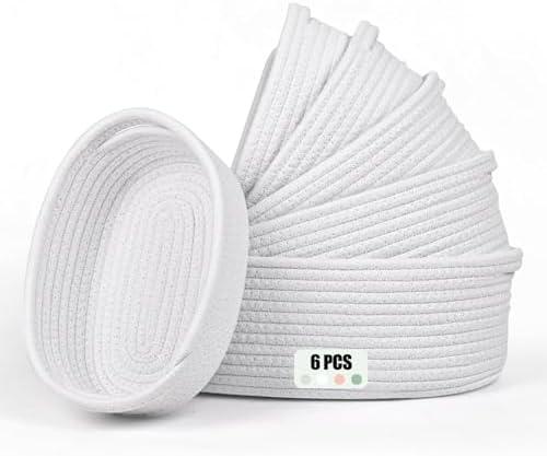 MTZRFLL 6 PCS Multiple Sizes Woven Storage Basket Set, Cotton Rope Small Empty Gift Basket for Organizing Shelves, Baby Nursery, Cute Decorative Dog Cat Toy Bin Bathroom Bin, White