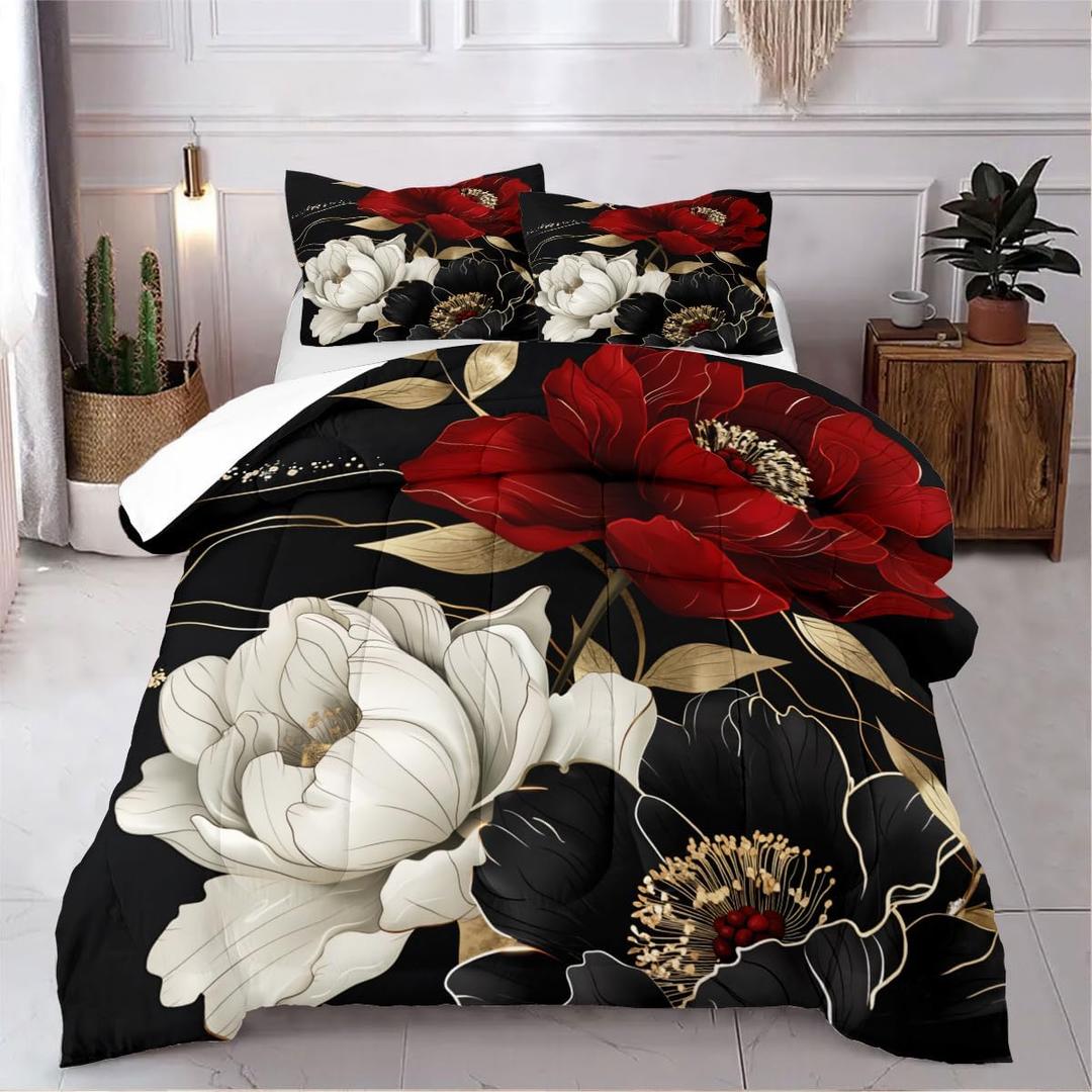 CCoutueChen Vintage Floral Comforter Set King Size Red Black White Botanical Flower Bedding Set 3 Piece Gold Leaf Bedding for Women Elegant Flowers Comforters Soft Down Alternative Comforter Sets