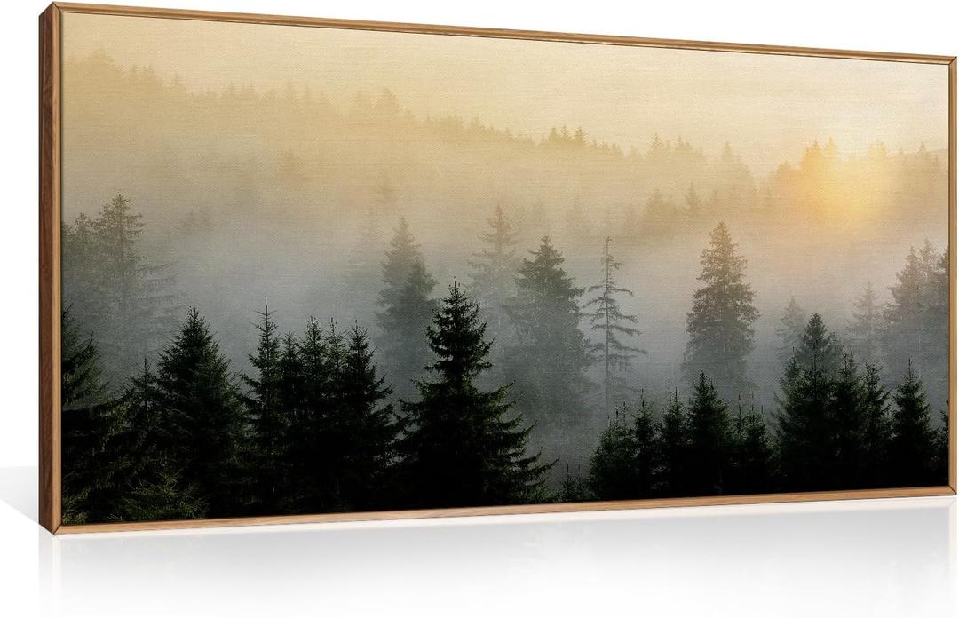 FWIEXA Misty Forest Wall Art Set Framed, Large Mountains Canvas Wall Decor, Green Nature Wall Painting, Foggy Tree Landscape Artwork 20x40 Inches for Living Room, Bedroom, Office, Gift