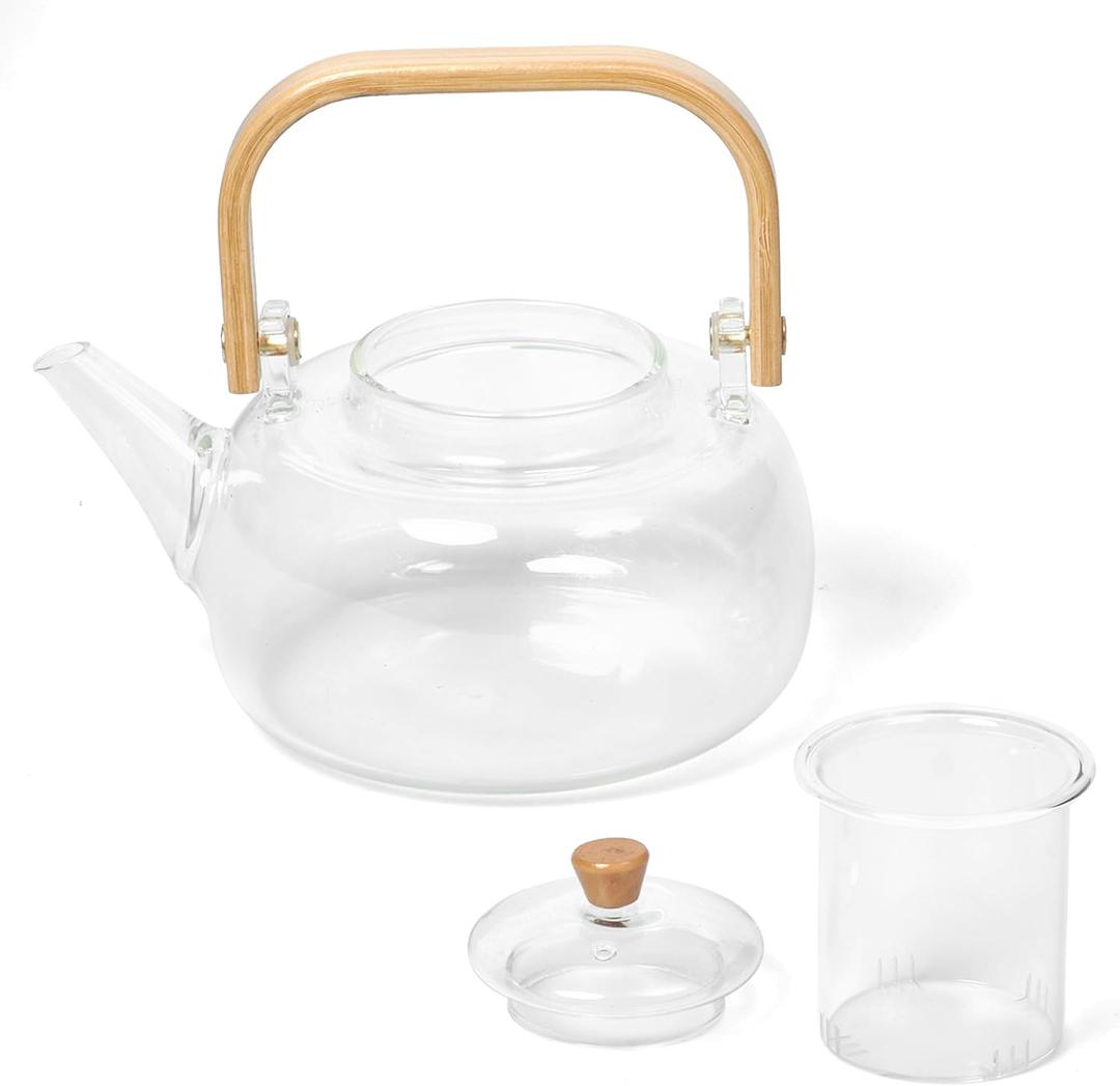 WHOLE HOUSEWARES Glass Teapot with Infuser - Borosilicate Glass Tea Kettle with Bamboo Lid - Clear Tea Pot - Dishwasher & Stovetop Friendly - Microwave Safe - Tea Lovers Gift Cups