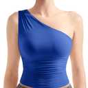 SUUKSESS Women Double Lined Going Out Trendy Crop Tops Ruched Sleeveless Shirts (Blue, L)