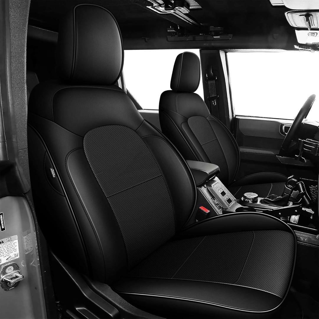 AOMSAZTO Seat Covers for Ford Bronco 4-Door 2021 2022 2023 2024 2025 - Custom Fit Faux Leather Car Seat Cover (Full Set, Black)