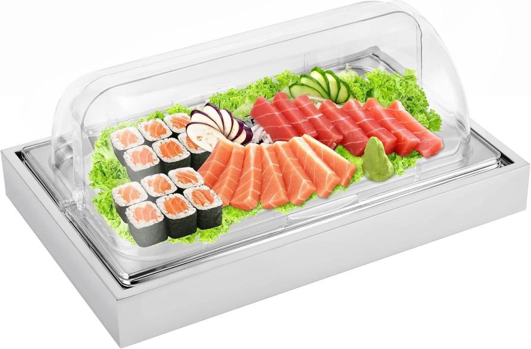 Ice Food Serving Display Tray with Clear Roll Top Cover Buffet Cold Serving Cooler Platter w/ 2 Ice Packs Cooling Food Dishes Display Plate Case with Lid for Seafood Fruit Party Buffet Tray