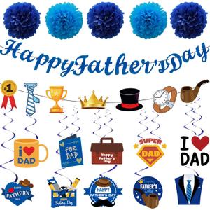 Fathers Day Party Decorations  27PCS Set with 10 Hanging Swirls & Cutouts, 2 Banners, 5 Blue Tissue Pom Poms  Happy Fathers Day Supplies for Dads Party
