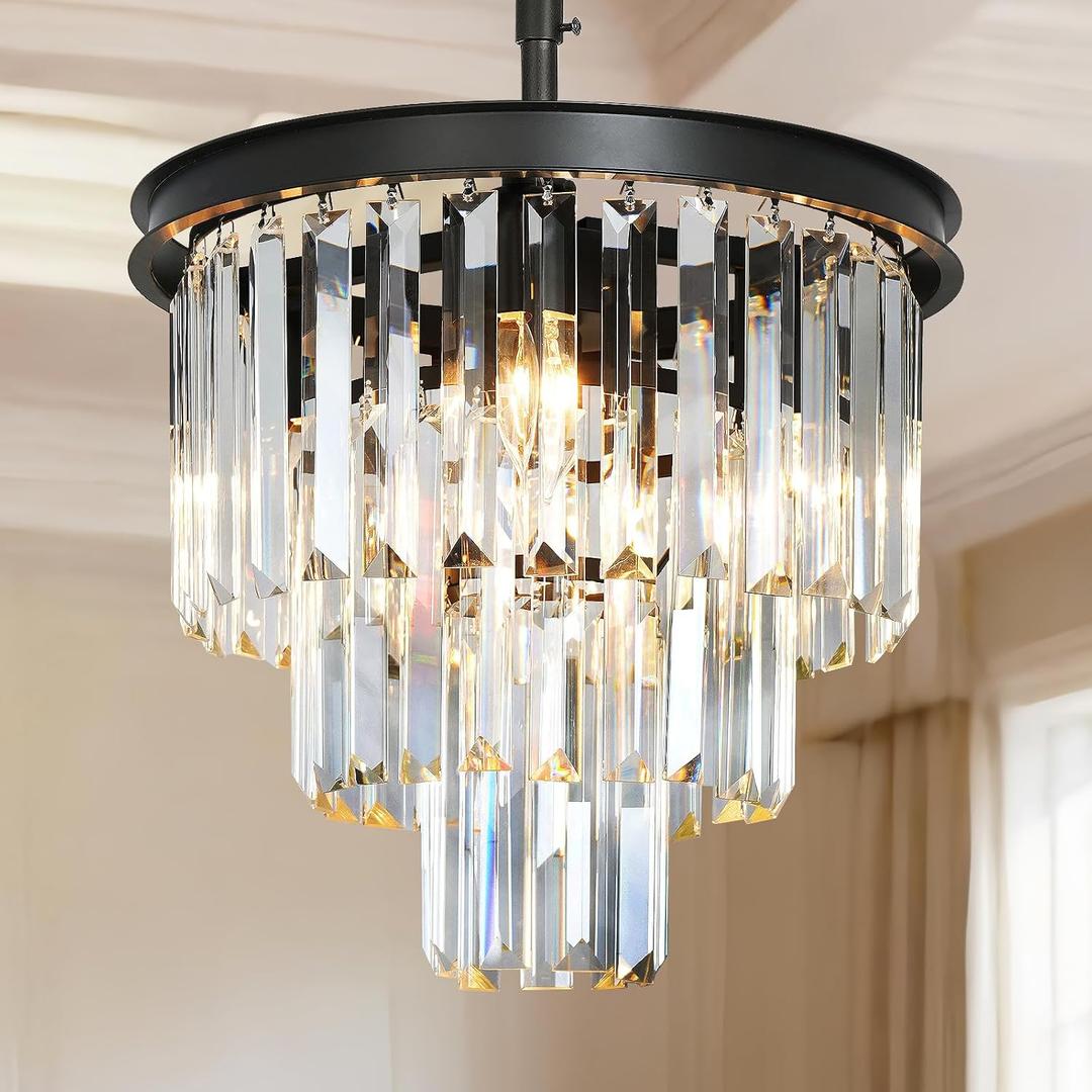 Small Black Crystal Chandeliers for Dining Room, 3-Tier 4 Lights Modern Chandelier Contemporary Luxury Top K9 Crystal Ceiling Pendant Light Fixture for Foyer Kitchen Bedroom Closet 14", Round D14''