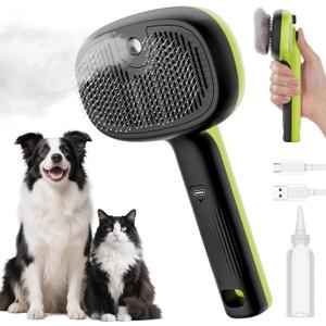 Pecute Cat Steam Brush, Self-Cleaning Steam Cat Brush with 2 Water Spray Modes, Large Capacity Tank, Steaming Renu Dog Brush for Shedding Massaging Grooming, Cool Mist Only, Green