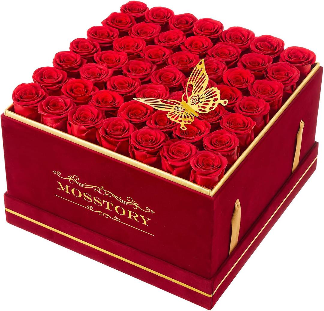 Mosstory Preserved Roses in a Box 49-Piece Forever Flowers Gifts for Women Wife Mother Day Christmas Anniversary (Red Roses, Square Burgundy Suede Box)