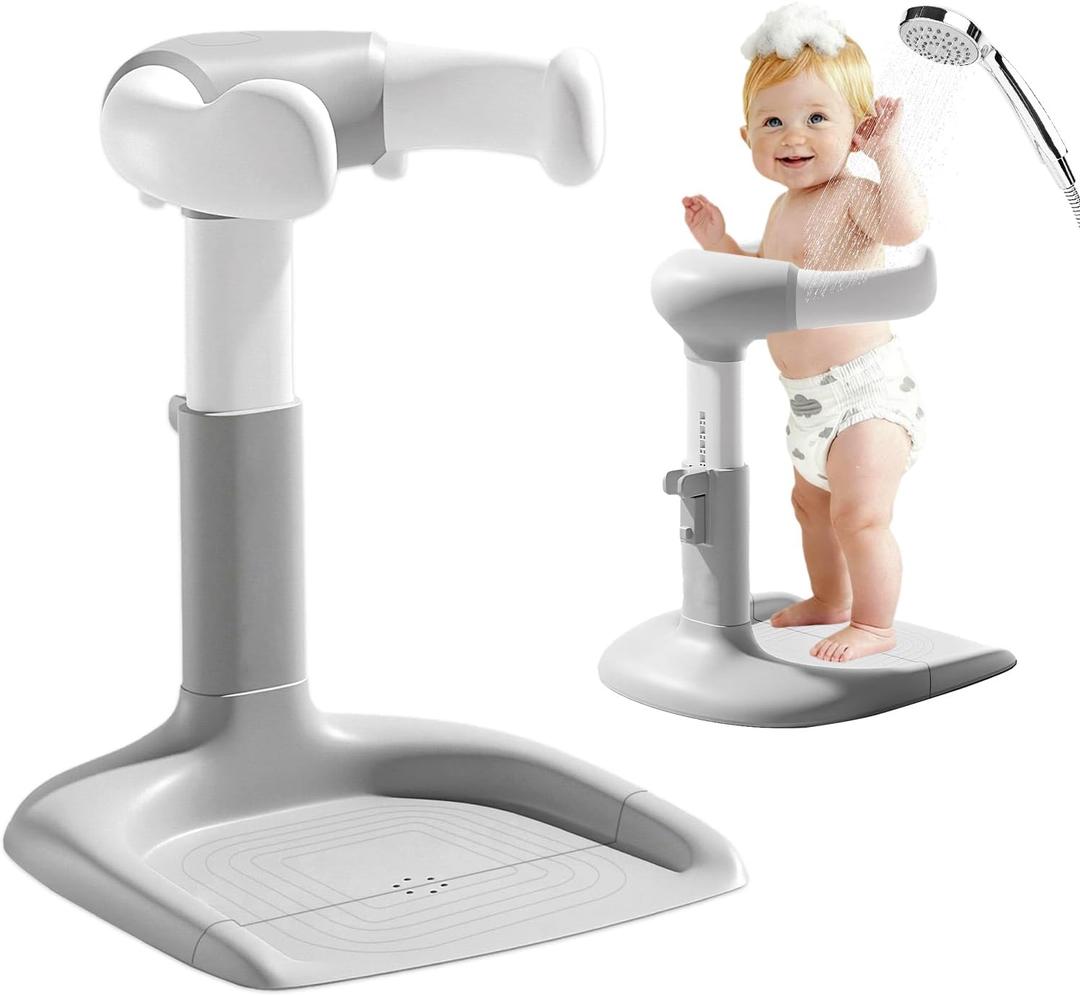 Baby Shower Stand - Adjustable Height Baby Shower Standing Support | Baby Bath Stand Soporte para Baera de Beb | Toddler Shower Stand Assist Holder for 8-36 Months Toddler Baby Standing Bath (Grey White(without seat))
