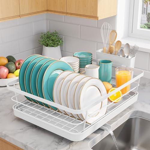 Sakugi Stainless Steel Dish Drying Rack for Kitchen Counter, Sink Organization and Storage Essentials with Silverware & Utensil Holder, Home and Apartment Decor, 12''W x 15.6''L, White