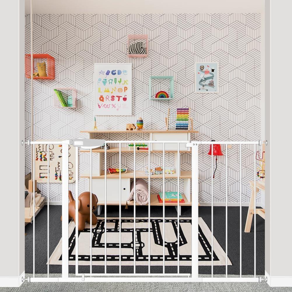DEARBB Triple Lock Baby Gate for Stairs Doorways and House 31" to 86" Extra Wide Pressure Mounted Easy Walk Through Auto Close Safety Pet Gate White 31.1-48.42"