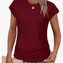 SAMPEEL Womens Summer Tops Trendy 2025 Ruched Cap Short Sleeve Tshirts Shirts Crew Neck T Shirts Fashion, M
