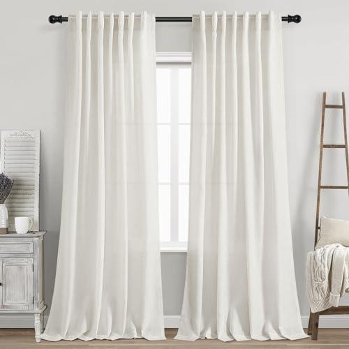 Nanspring Cream Linen Back Tab Curtains 86 Inch Length for Living Room 2 Panel Set Farmhouse Window Semi Sheer Linen Drapes Rustic Pinch Curtain for Bedroom 52X86