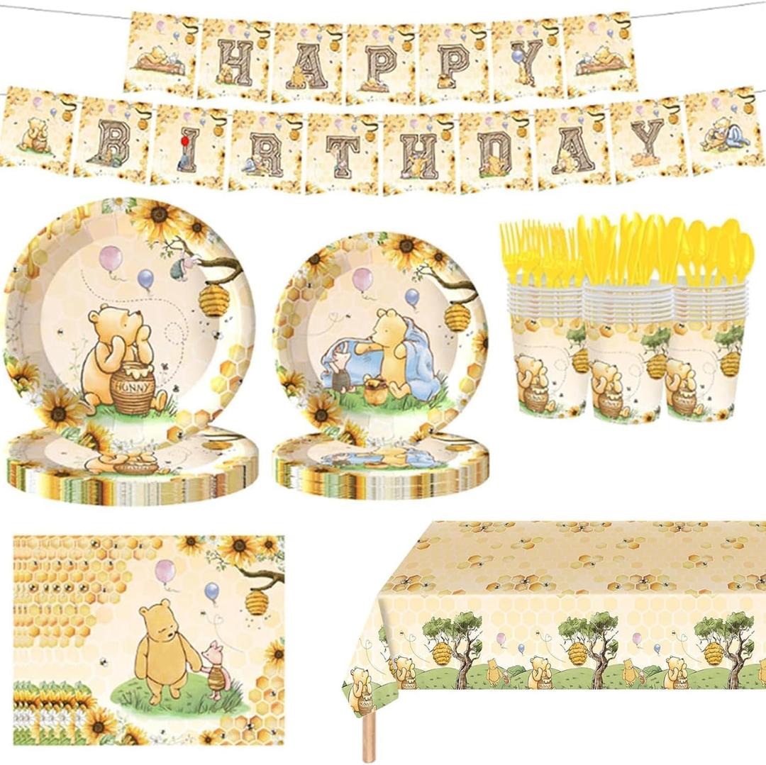 142pcs Classic Bear Baby Shower Decorations Baby Shower Party Tableware with Plates, Napkin, Forks, Cups Banner And Tablecloth for Birthday Party Supplies Set Serves 20 Guests (Yellow)