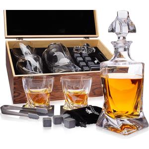 Whiskey Decanter Set by Royal Reserve  Whiskey Gifts Set - Twisted Bourbon Decanter 24 oz with Glasses, Whiskey Stones, Coasters, Tongs  Birthday Gift for Men, Husband, Him, Dad, Boyfriend