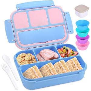 shell and turtle Bento Box Adult Lunch Box, Lunch Containers for Kids Girls Boys with 4 Compartments, Lunchable Food Container with Utensils, Sauce Jar, Muffin Liners, 40 Oz/5 Cup, Blue Pink
