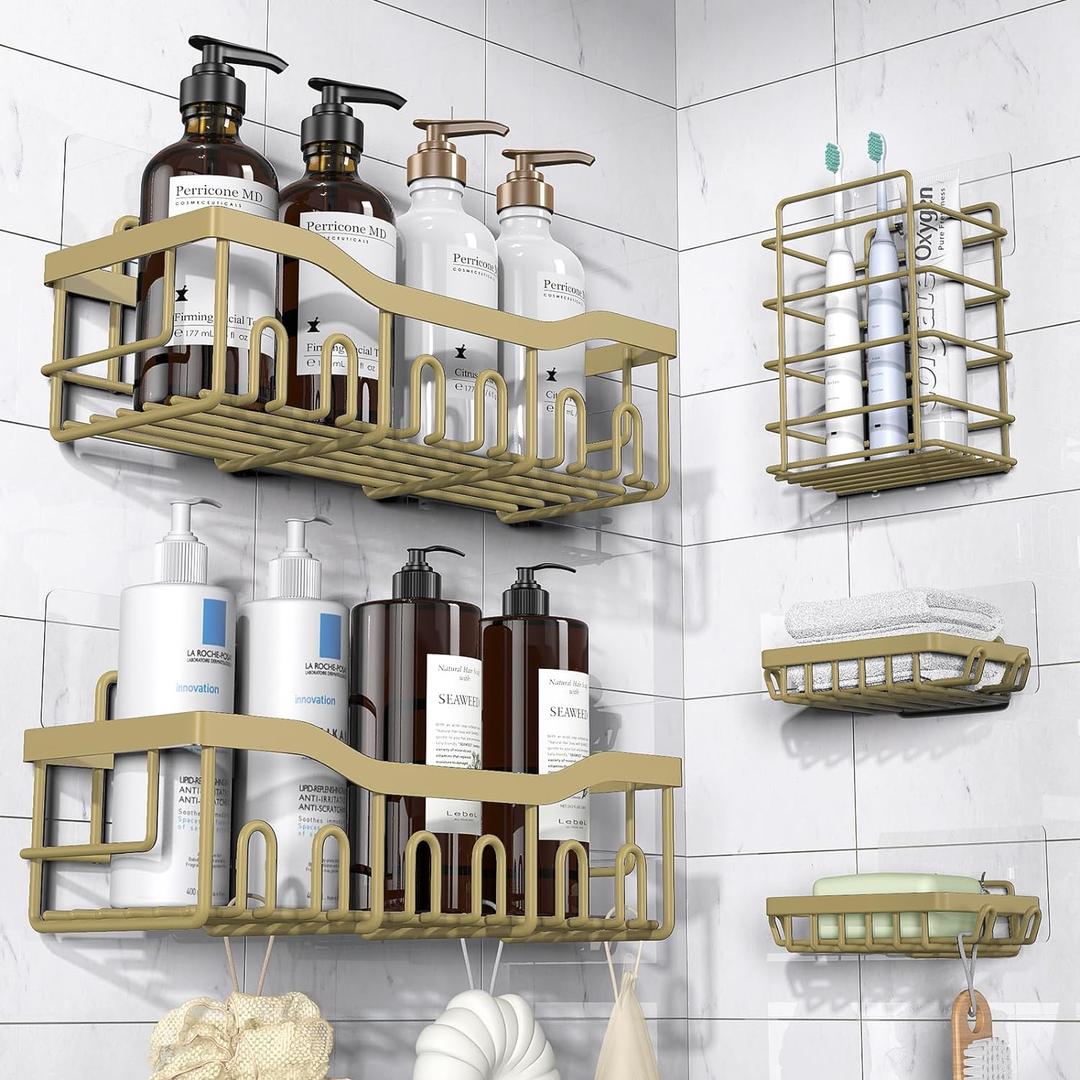 5-Pack Rustproof Stainless Steel Shower Caddy  No Drill Adhesive Bathroom Organizer with Large Capacity, Spacious Shower Shelves for Inside Shower, Kitchen & Home Decor Storage (5-piece set, Matte Gold)