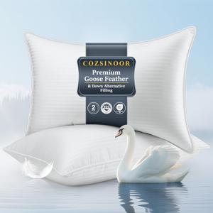 COZSINOOR Goose Feather Pillows Queen Size - Pack of 2, Hotel Down Bed Pillow for Sleeping, Soft 600 TC Cotton Cover, Fluffy Support Surround Fill Down Alternative, Softer