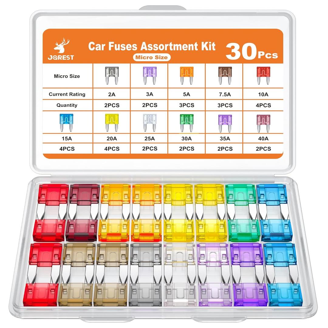 JOREST 30Pcs Mini Car Fuse Kit - Mini Blade Fuses Automotive - Replacement Fuses Assortment Kit for Car/RV/Truck/Motorcycle(2Amp 3A 5A 7.5A 10A 15A 20A 25A 30A 35A 40A)