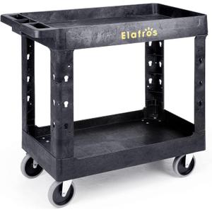 ELAFROS Heavy Duty Plastic Utility Cart 34 x 17 Inch - Work Cart Tub Storage W/Deep Shelves and Full Swivel Wheels Safely Holds up to 550 lbs - 2 Tier Service Cart for Warehouse,Garage, Cleaning
