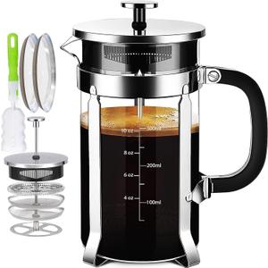 YMMIND French Press Coffee Maker 304 Stainless Steel Coffee Press,with 4 Filters System, Heat Resistant Thickness Borosilicate French Press Glass, BPA-Free Brewed Tea Pot Coffee Plunger(Copper 12oz)