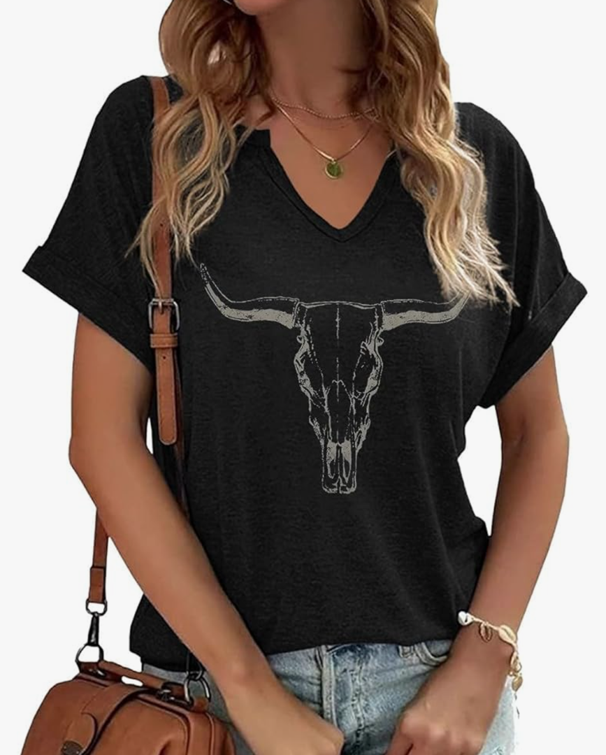 Boho Cow Skull Shirt Women Cowgirl t Shirt Vintage Western Rodeo Graphic Tee Short Sleeve Bull Skull Casual Top, M