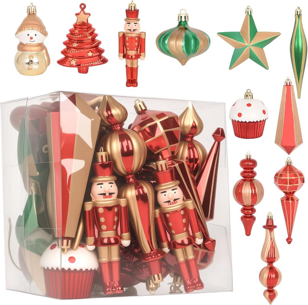 22Pcs Christmas Tree Ornaments Set, Hand Painted Nutcracker Snowman Cupcake Baubles, Shatterproof Plastic Christmas Decorations for Tree, Holiday Hanging Decor (Red &Green)
