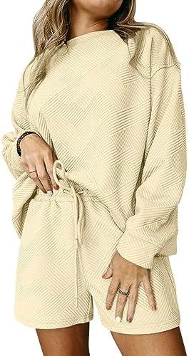 FUPHINE Women 2 Piece Outfits Sweatsuit Long Sleeve Button Down Pullover and Shorts Set with Pockets Size XL