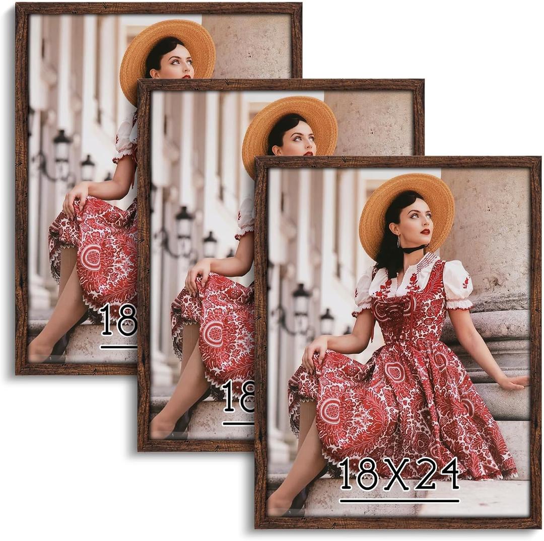 Dark Brown 18x24 Frame Set of 3 - Rustic Woodgrain 18 x 24 Poster Frame with Plexiglass for Wall Gallery Display, 18x24 Picture Frame for Puzzles, Artwork, Photos and Posters - Ideal Christmas Day