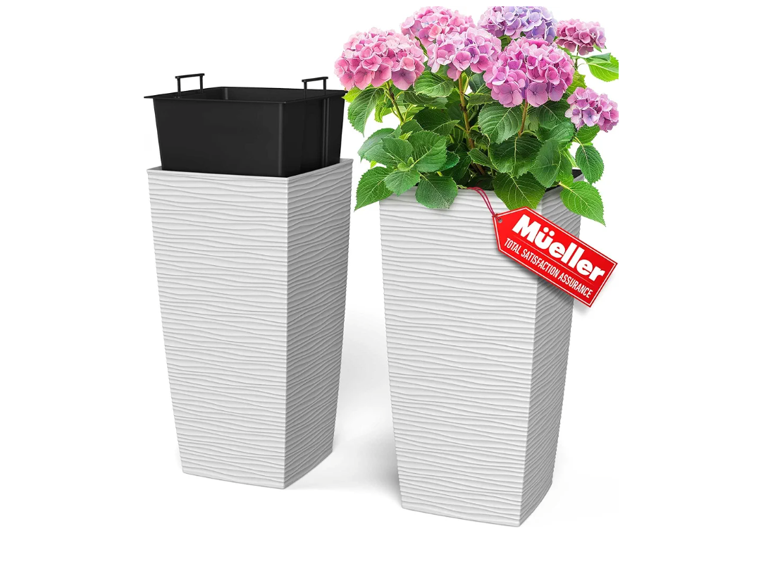 Mueller M-Resin Heavy Duty Tall Planters for Outdoor Plants, Indoor Grande Plant Pots, Boxes, Trees, Flower Pots, 2-Piece Set, 27.5”, Modern Design, Built-in Drainage, Front Porch Decor, White
