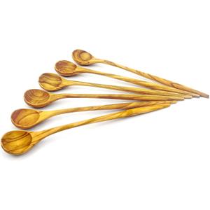 WONDERFUL 100% Natural Olive Wood Long Handle Spoons for Coffee, Tea, Milkshake Kitchen Stirring, Cocktail Stirrer; Mixing Honey Spoon, Chef Tasting Spoons(6 pcs)