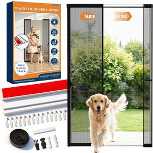 Magnetic Screen Door with Sliding Track, Fits 30'' x 80'' Door, Classic Center-Opening, Scratch-Proof Polyester Mesh, Retractable to Both Sides, Hands-Free Entry with Maximizes Usable Space, Black