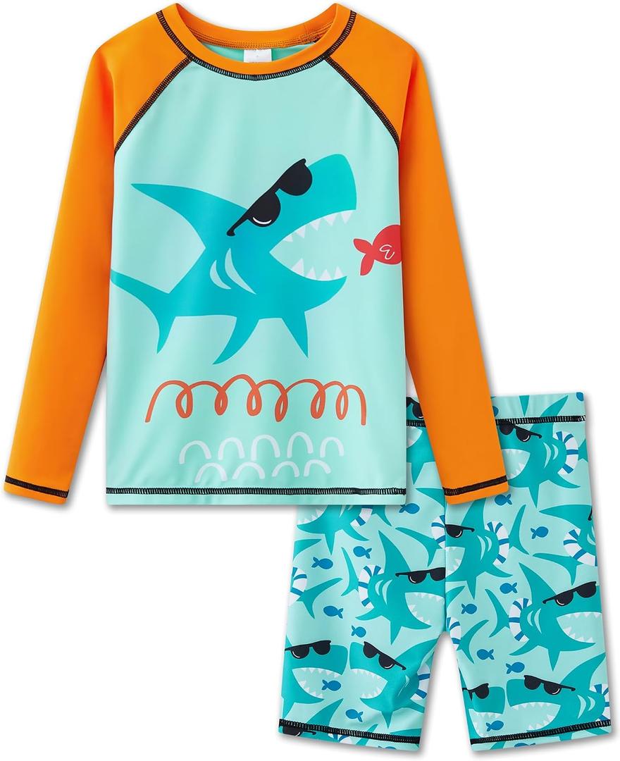 UMELOK Toddler Boys' Swim Rashguard 5t Bathing Suit Boys Long Sleeve Swimming Trunks Rash Guard Set Kids Swimwear Set Orange/ Shark 5T