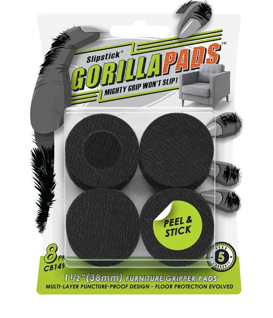 Slipstick GorillaPads CB149 Non-Slip Furniture Pads/Rubber Grippers (Set of 8) Self-Adhesive Furniture Feet Floor Protectors, 1-1/2 inch Round, Black