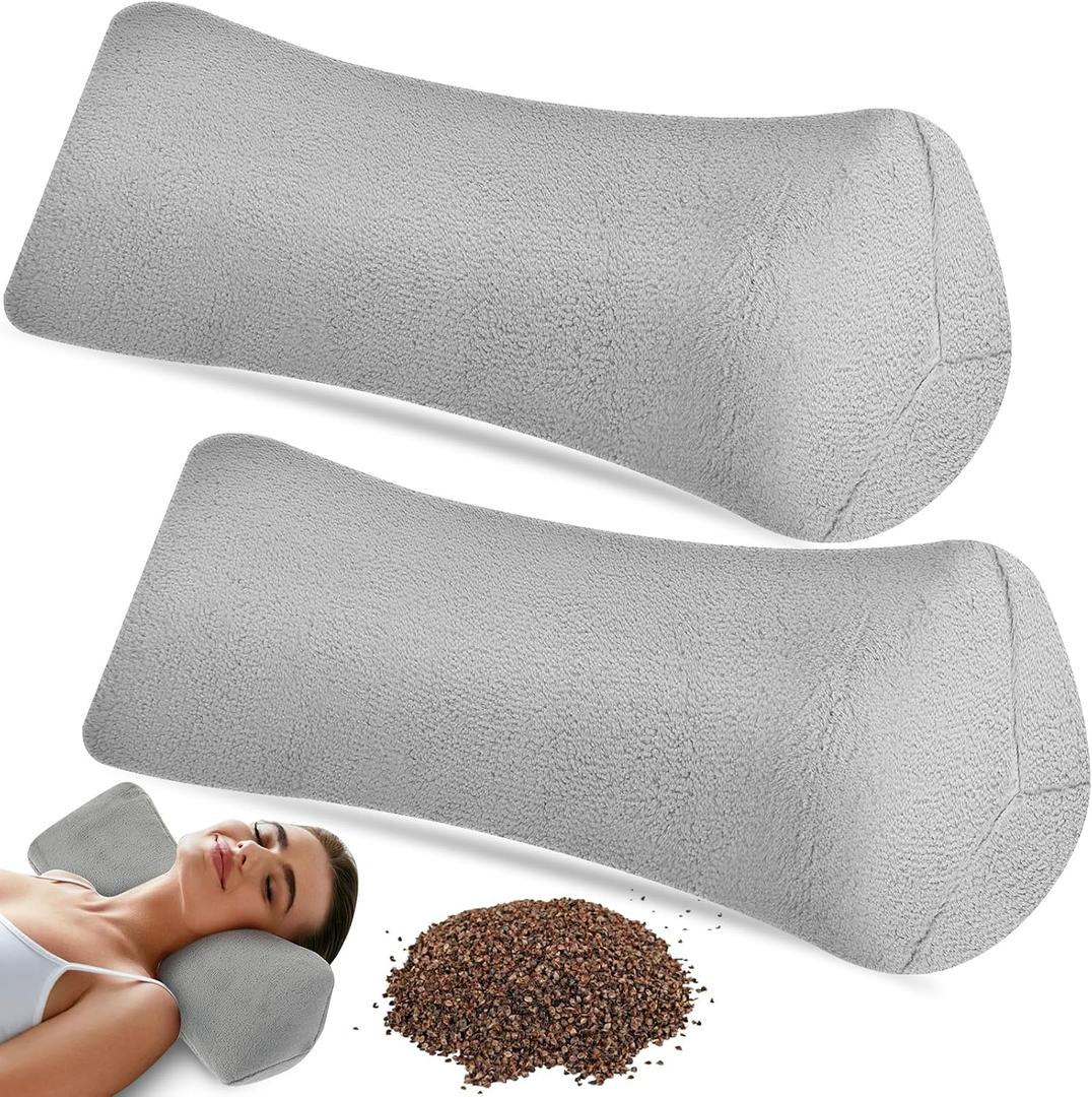 DoubleFill 2pcs Buckwheat Neck Support Pillow Cervical Pillow for Pain Relief Adjustable Buckwheat Hulls Breathable Support for Side Back Sleepers Lunch Break 15x6 Inch(Gray,Plush)