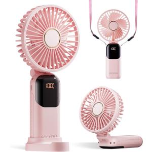 Portable Fan, 4200mAh Battery Operated Fan, 5 Speeds&Digital Display, Makeup Fans for Women with Base, 180Foldable 3in1 Handheld/Neck/Desk Fan for Outdoor Indoor,Ultra Quiet (Pink)