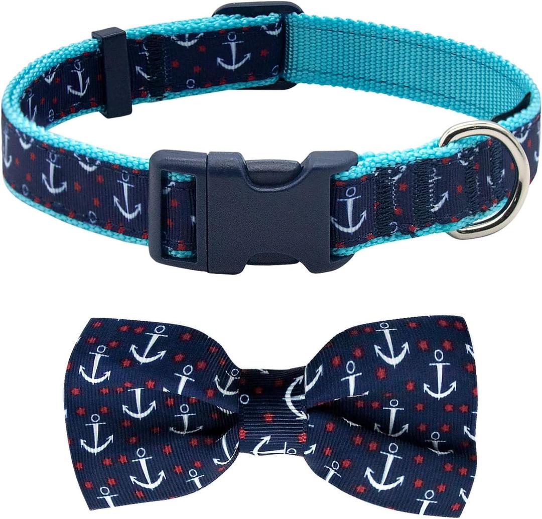 Azuza Anchor Dog Collar with Bow Tie, Soft and Comfortable Adjustable Bowtie for Medium Dogs